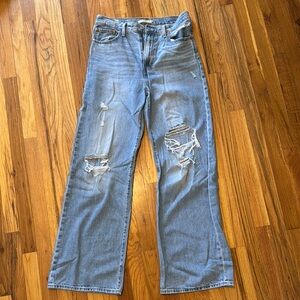 Levis Ribcage Flared Leg Distressed Blue Jeans